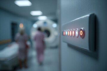 Close-up of MRI control panel with glowing buttons, patient blurred in background.
