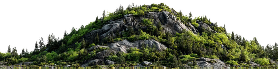 Obraz premium PNG of Lush green mountain landscape with rocky outcrops reflecting in serene water.