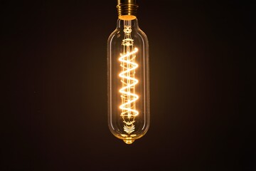 A beautifully glowing vintage Edison light bulb featuring a spiral filament, illuminating a dark and moody space