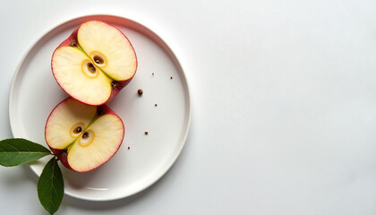 Sliced apple halves displayed on plate with sprig of green leaves. Sliced apple halves sit on white plate, arranged symmetrically and cut to reveal seeds,