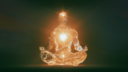 Surreal human figure meditates while energy lines illuminate calmness