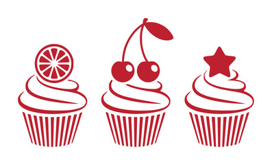 Three stylized red cupcakes with different toppings citrus slice, cherries, and star