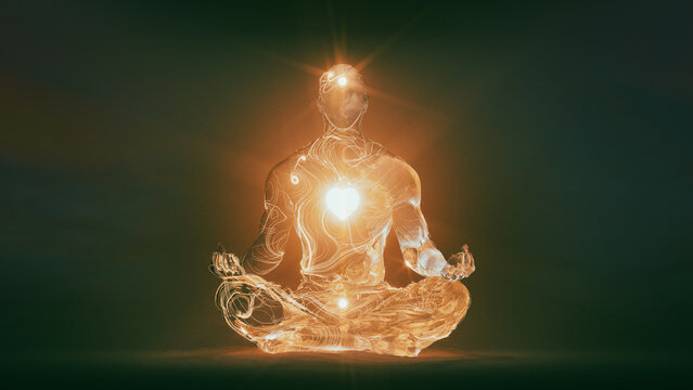 Surreal human figure meditates while energy lines illuminate calmness