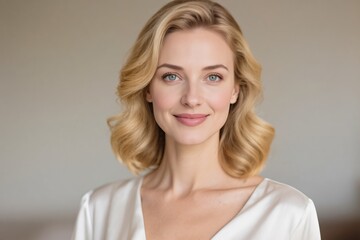 A beautiful woman with soft waves smiles gently in warm, natural lighting, showcasing grace and elegance.