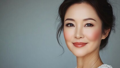 Fototapeta premium The image shows a close-up of a smiling Asian woman with her hair pulled back, wearing light makeup, against a gray background.