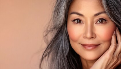 Obraz premium The image shows a middle-aged woman with graying dark hair, fair skin, and minimal makeup; she is touching her face gently, and the background is peach-colored.