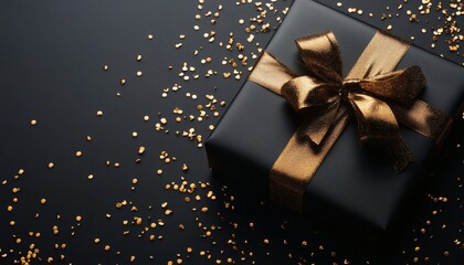 A black gift box with a gold ribbon bow is surrounded by scattered gold confetti on a black background.