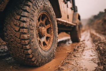 Detailed Close-Up of Muddy Car Tires, Showcasing Warm Tones in an Off-Road Adventure Setting