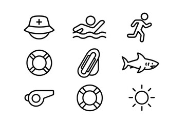 Icons representing lifeguarding activities and beach safety measures for summer fun and swimming events