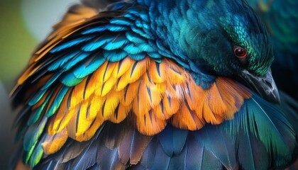 Obraz premium The image shows a detailed view of a bird's plumage, exhibiting a striking array of teal, orange, and yellow feathers.