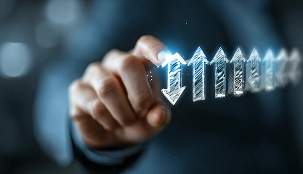 Hand Interacting With Row of Illuminated Arrows Pointing Up and Down Against Gray Background With Bokeh Effect In Business Setting