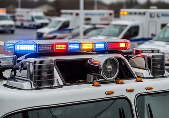 Obraz premium Close-up of an emergency vehicle with vibrant flashing lights, surrounded by ambulances in a parking lot, ready for action.