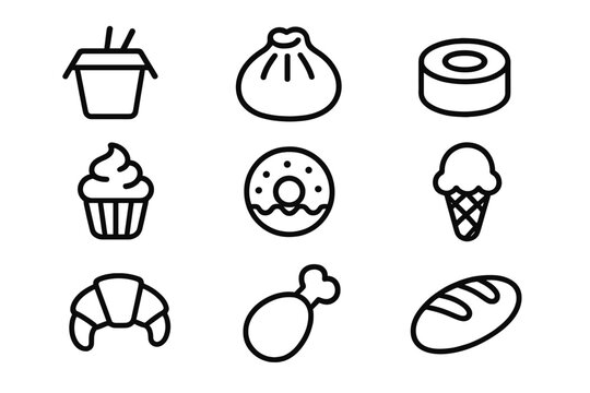 Various types of food icons arranged in a grid showcasing different snacks and desserts on a simple background