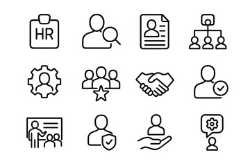 Various human resources icons depicting recruitment, teamwork, and employee management tasks for a business setting