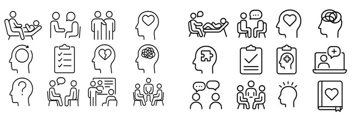 Therapy and counseling icons representing mental health support and interpersonal communication activities
