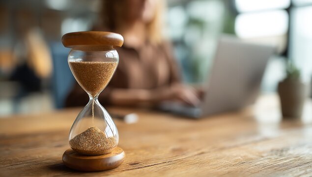 Elegant hourglass on a wooden desk symbolizing the passage of time and the urgency of tasks as a person works diligently on a laptop in the background