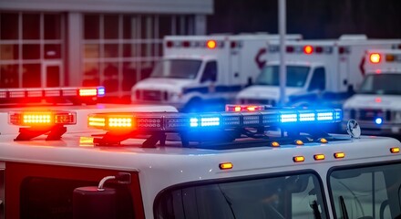 Fototapeta premium Close-up of an emergency vehicle with vibrant flashing lights, surrounded by ambulances in a parking lot, ready for action.