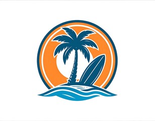 A stylized graphic illustration depicts a palm tree, surfboard, and waves, set against a backdrop of a sunburst, conveying a serene island escape.