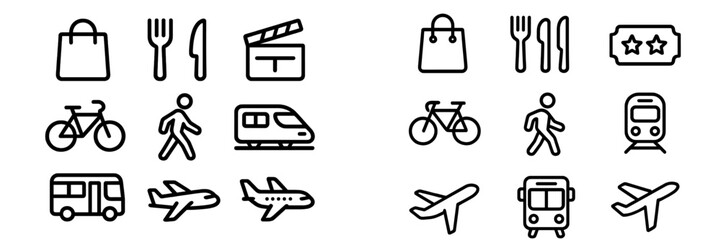 Collection of travel and dining icons depicting various activities, transportation, and food items