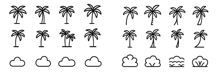 Collection of simple palm tree and cloud line icons for design projects and digital artwork