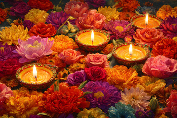 Shiny colorful floral background with illuminated 3D Oil Lamps (Diya) for Diwali celebration.