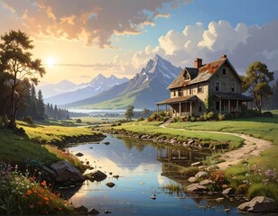 Fototapeta premium A serene landscape painting depicts a rustic, weathered house nestled beside a tranquil river, reflecting the sunrise and mountains in its still waters.