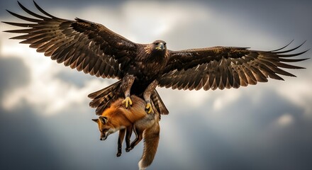 Title: Eagle Hunting a Fox, Powerful Bird of Prey in Action, Wildlife Predator Scene  
