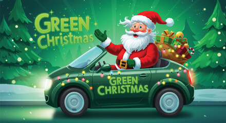 A festive image showcasing Santa Claus in a green car, wishing a Green Christmas. Decorated trees and gifts add to the holiday spirit and celebration. Vector illustration.