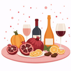 Colorful illustration featuring assorted fruits, wine bottles, and glasses on a pink table, creating a festive atmosphere for celebrations and gatherings with vibrant details	