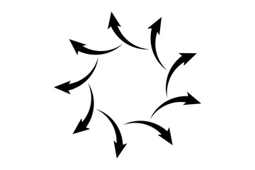 Circular arrangement of black arrows pointing outwards on a transparent background