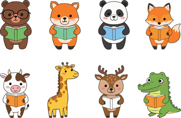 Cartoon animals reading, cute book lovers, educational illustration, animal characters, school theme, vector clipart, children’s learning, classroom art, study time, animal students