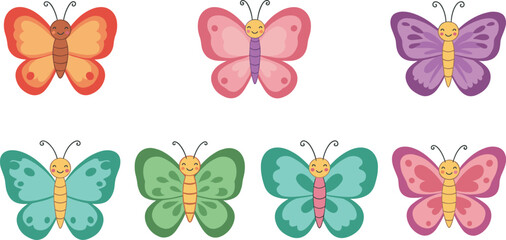 Cartoon butterflies, smiling faces, colorful wings, cute insects, kids illustration, playful design, nature theme, vector art, cheerful, decorative image