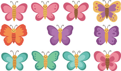 Cartoon butterflies, smiling faces, colorful wings, cute insects, playful design, kids illustration, nature theme, vector art, cheerful, decorative image