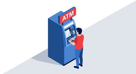 A person uses a blue automated teller machine for financial transactions and cash withdrawals