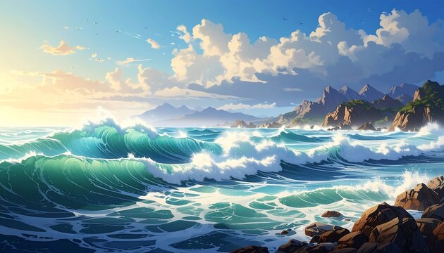 A vibrant coastal scene depicts powerful ocean waves crashing against rocky shores under a dramatic sky. - Powered by Adobe