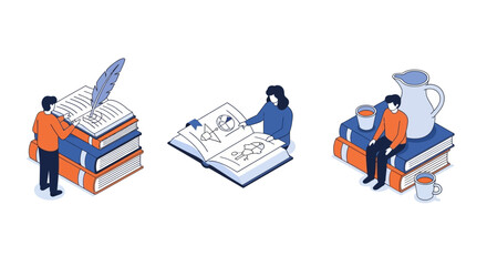 Illustrations of people interacting with books in various educational and leisure activities depicting reading learning writing and storytelling