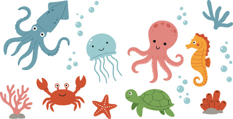 Sea creature vector set, cartoon ocean animals, squid crab jellyfish turtle, underwater coral illustration, playful marine life, kids design