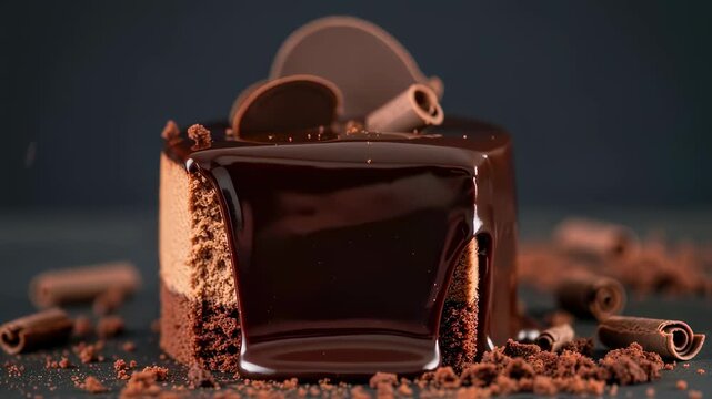 Fork scooping rich chocolate cake with sauce, crumbs falling onto dark surface, delicious dessert preparation footage.