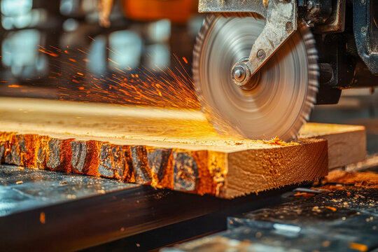 A circular saw is engaged in cutting a thick wooden plank, sparks flying as the blade makes contact - Powered by Adobe