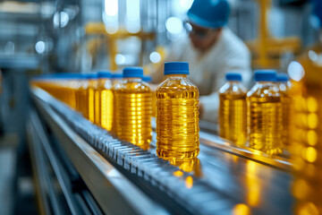 Bottles filled with yellow oil are arranged on a conveyor belt in a busy factory. A worker monitors the production process