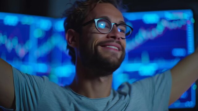 A man with glasses is smiling at a computer screen. Concept of happiness and contentment, as the man is enjoying his work or whatever is on the screen. The blue background adds a calming