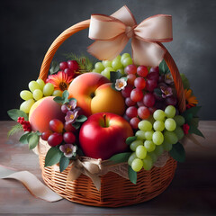 a crafted arrangement in the style of a wooden basket, filled with a vibrant mix of fresh fruit, including a red apple, green and red grapes, a mango  and a peach. A delicate bow adorns the basket