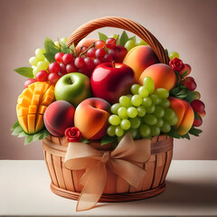 a crafted arrangement in the style of a wooden basket, filled with a vibrant mix of fresh fruit, including a red apple, green and red grapes, a mango  and a peach. A delicate bow adorns the basket