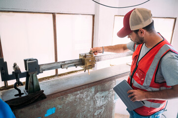Farmer handling scale in agricultural facility, Spain