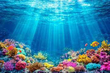 Vibrant coral reef filled with various colorful corals and fish, highlighted by beams of sunlight penetrating the clear ocean water