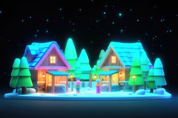 Charming winter village with glowing houses, snow-covered trees,