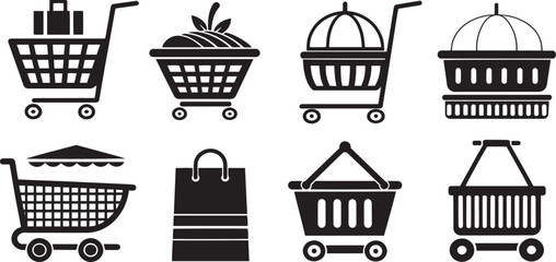  Supermarket Trolley and Shop Icons Illustration