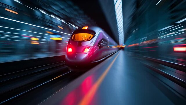 A train is moving through a tunnel with a bright light on the front. The train is purple and is moving very fast