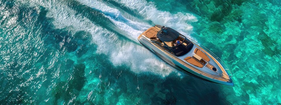 A sleek speedboat glides across turquoise waters, leaving a foamy wake. Sun shines on the vessel