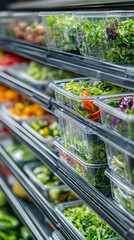 Fresh salad ingredients packed in clear containers on grocery shelf  